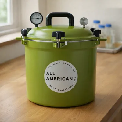 All American 921 pressure canner on an oak lab bench by a window