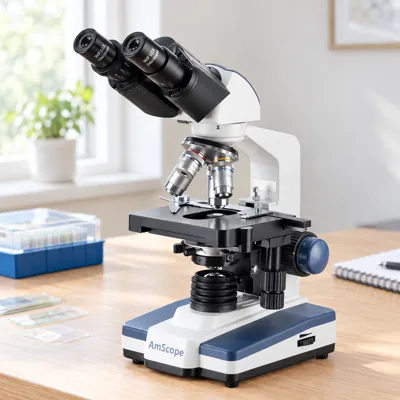 AmScope B120C-E1 binocular microscope on an oak lab bench by a window