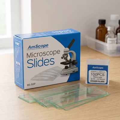 AmScope BS-50P-100S-22 blank slides and cover slips on an oak lab bench by a window