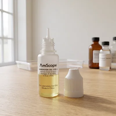 AmScope ML-A-A immersion oil on an oak lab bench by a window