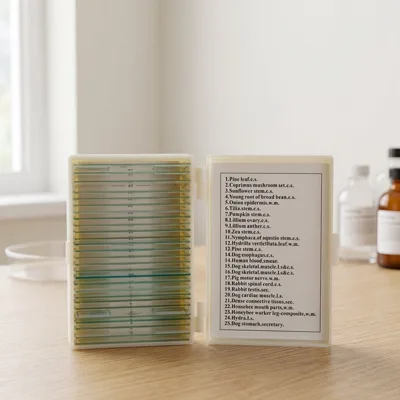 AmScope PS25P prepared slides, 25 pieces on an oak lab bench by a window