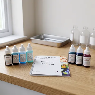 AmScope SK-6 vital stain kit on an oak lab bench by a window
