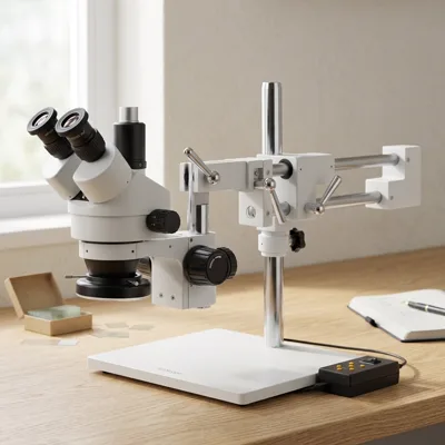 AmScope SM-4TZ-144A stereo zoom microscope on a boom stand over an oak lab bench