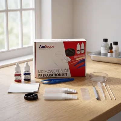 AmScope SP-14 slide preparation kit on an oak lab bench by a window
