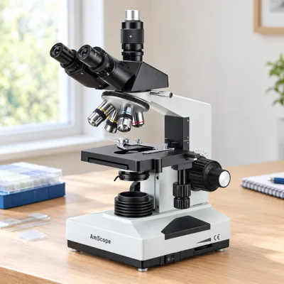 AmScope T490B trinocular microscope on an oak lab bench by a window
