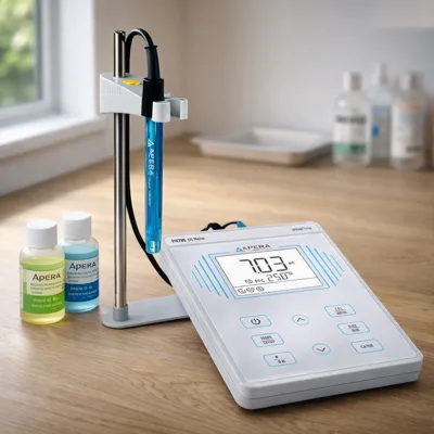 Apera PH700 benchtop pH meter on an oak lab bench by a window