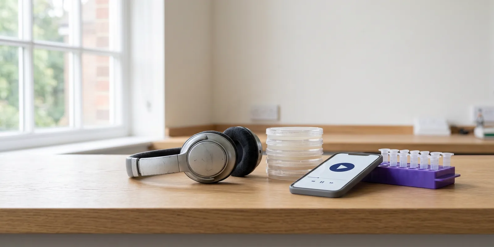 Headphones, a phone playing audio, agar plates and a microtube rack on an oak lab bench by a window