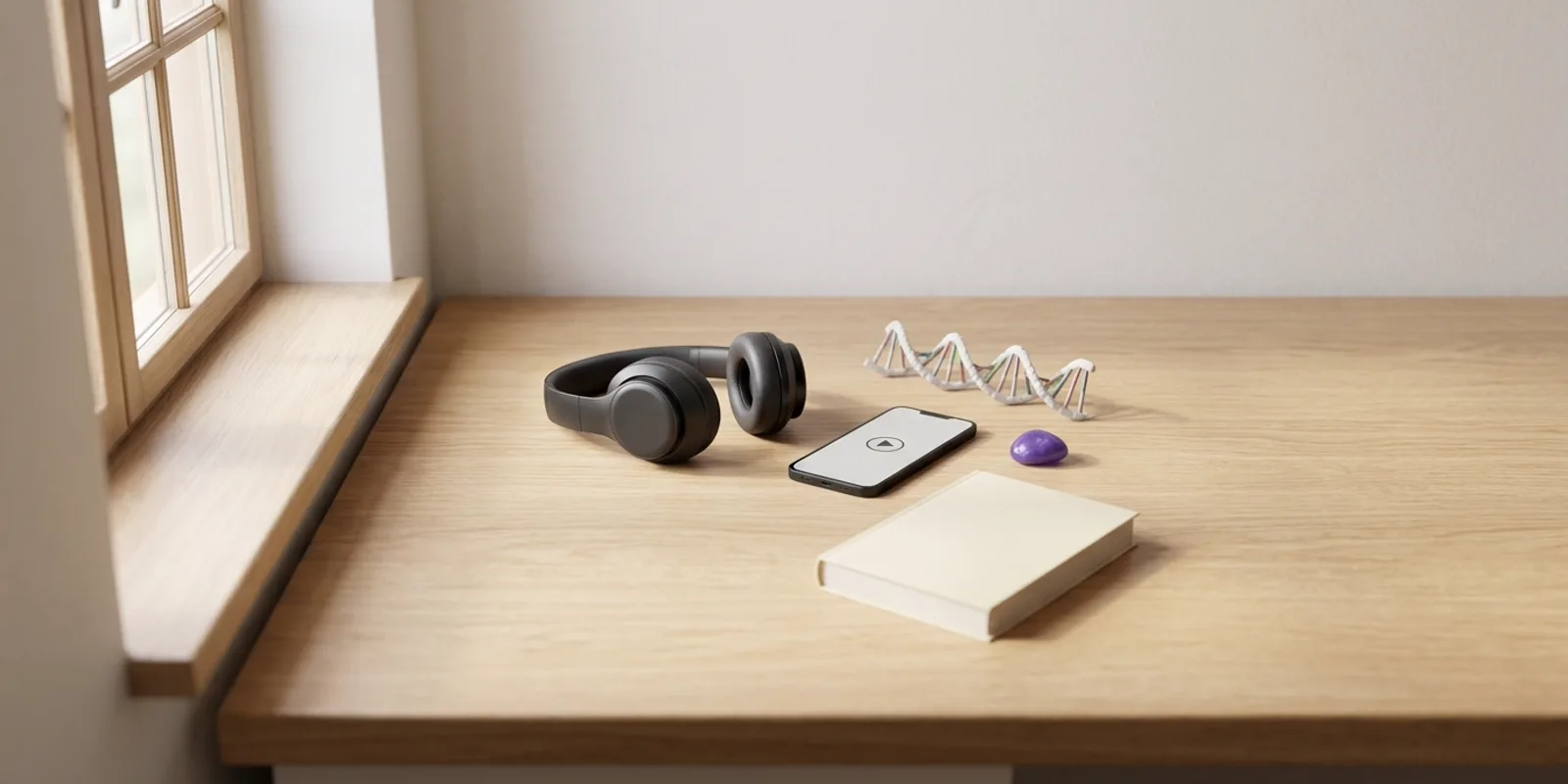 Headphones, a phone playing audio, a paperback and a small DNA helix model on an oak desk by a window