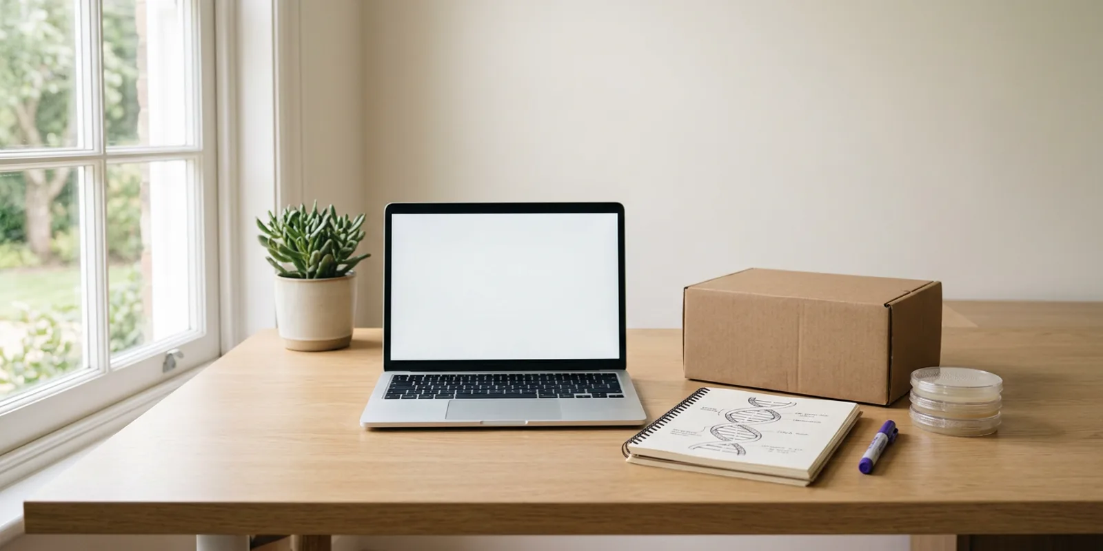 A laptop, a biology notebook with a DNA sketch, a delivery box and agar plates on an oak desk by a window