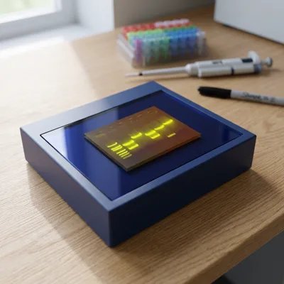 An agarose gel with glowing DNA bands on a blue light on an oak lab bench, the result of the Edvotek A-Maize-ing Editing kit