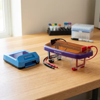 Edvotek M12 Ultra electrophoresis chamber and TruBlu Jr. blue light on an oak lab bench by a window