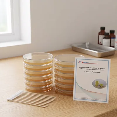 EZ BioResearch LB agar plates and swabs on an oak lab bench by a window