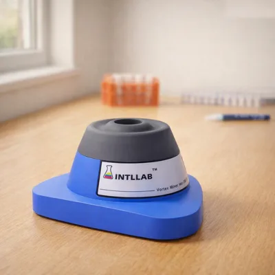 INTLLAB touch vortex mixer on an oak lab bench by a window