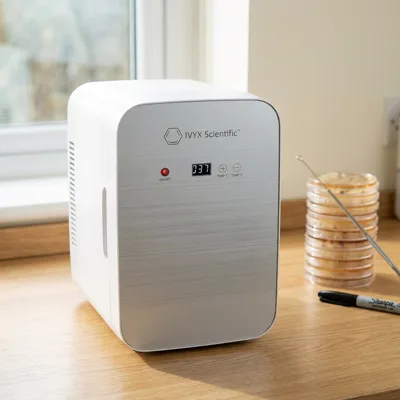 IVYX Scientific 5 L incubator on an oak lab bench by a window