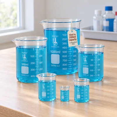 Karter Scientific borosilicate beaker set on an oak lab bench by a window