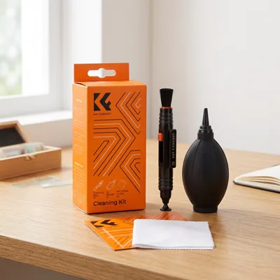 K&F Concept 4-in-1 lens cleaning kit on an oak lab bench by a window