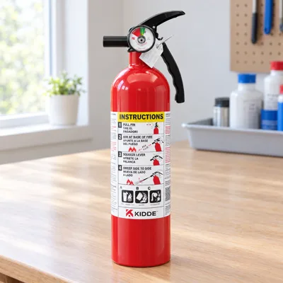 Kidde Basic 110 home fire extinguisher on an oak lab bench by a window