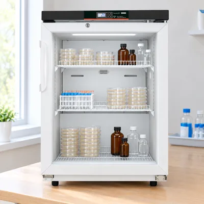 KoolMore 4.5 cu ft lab refrigerator on an oak lab bench by a window