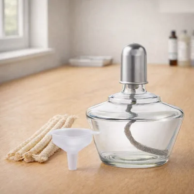 LabAider glass alcohol lamp, 150 mL on an oak lab bench by a window