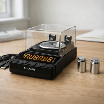 MAXUS milligram scale, 50 g x 0.001 g on an oak lab bench by a window