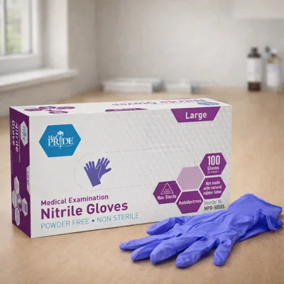MedPride powder-free nitrile gloves, 100 on an oak lab bench by a window