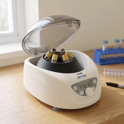 ONiLAB benchtop centrifuge for 15 mL tubes on an oak lab bench by a window