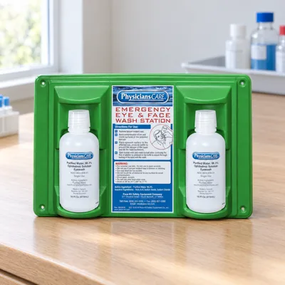 PhysiciansCare wall-mount eyewash station on an oak lab bench by a window