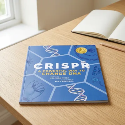 CRISPR: A Powerful Way to Change DNA paperback on an oak desk by a window