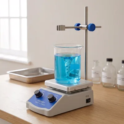 Slendor hot plate magnetic stirrer on an oak lab bench by a window