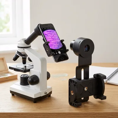 Starboosa microscope phone adapter, WF16X on an oak lab bench by a window