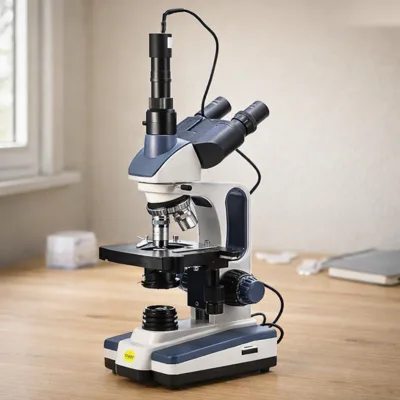 SWIFT SW350T trinocular microscope on an oak lab bench by a window