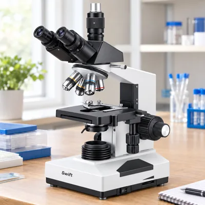 Swift SW380T trinocular microscope on a home lab bench beside slide boxes and a notebook