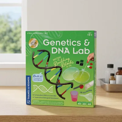 Thames & Kosmos Genetics & DNA Lab on an oak lab bench by a window