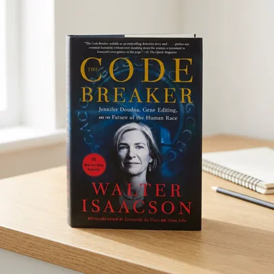 The Code Breaker paperback on an oak desk by a window