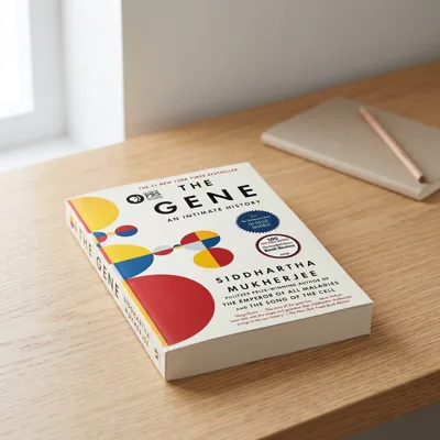 The Gene: An Intimate History paperback on an oak desk by a window