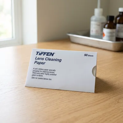 Tiffen lens cleaning tissue, 50 sheets on an oak lab bench by a window