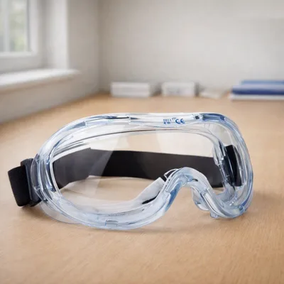 TR Industrial anti-fog lab safety goggles on an oak lab bench by a window