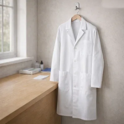 VOGRYE cotton-blend lab coat on an oak lab bench by a window