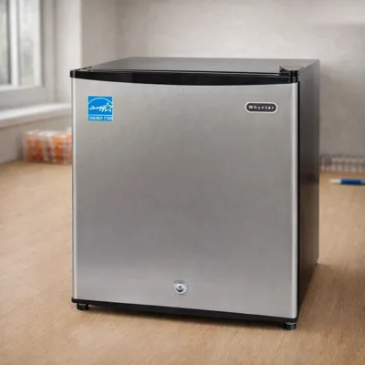 Whynter CUF-112SS upright freezer on an oak lab bench by a window